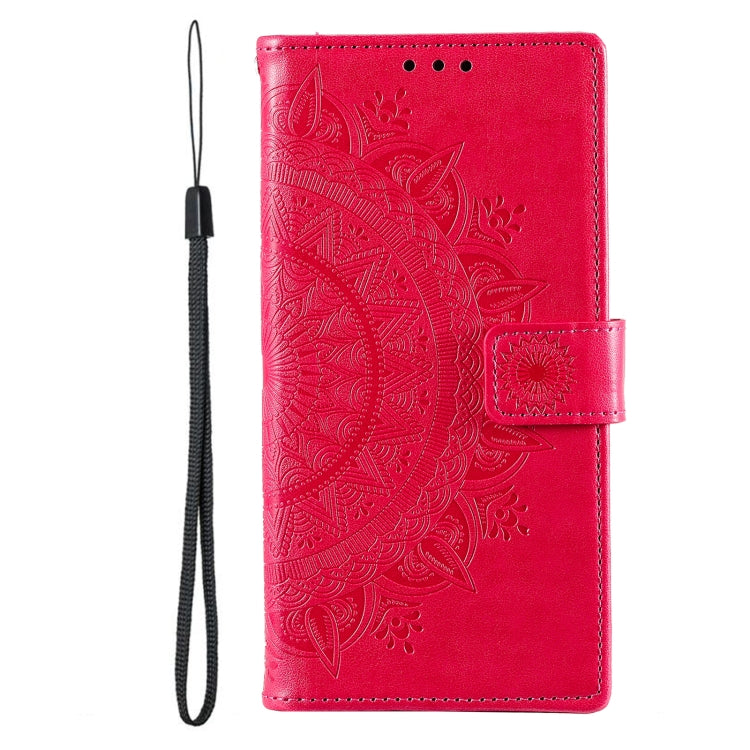 For Samsung Galaxy S25 Ultra 5G Totem Flower Embossed Leather Phone Case with Lanyard(Red)