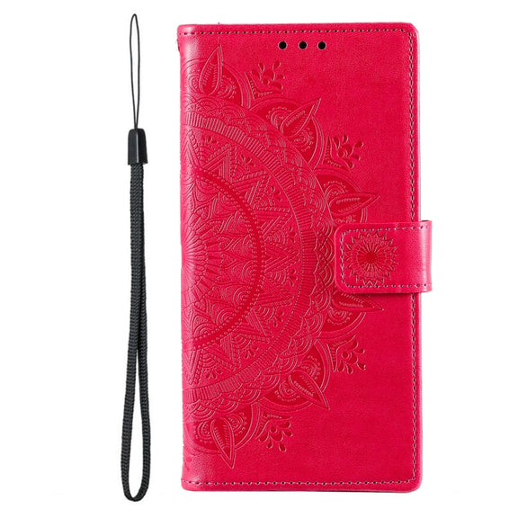 For Samsung Galaxy S25 Ultra 5G Totem Flower Embossed Leather Phone Case with Lanyard(Red)