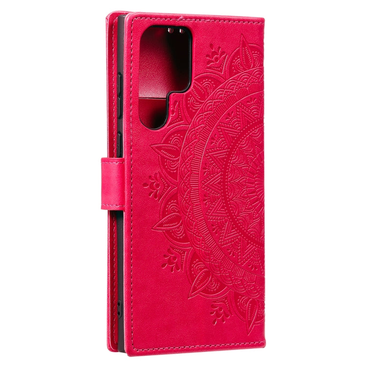 For Samsung Galaxy S25 Ultra 5G Totem Flower Embossed Leather Phone Case with Lanyard(Red)