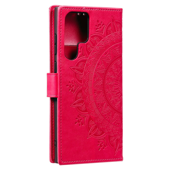 For Samsung Galaxy S25 Ultra 5G Totem Flower Embossed Leather Phone Case with Lanyard(Red)