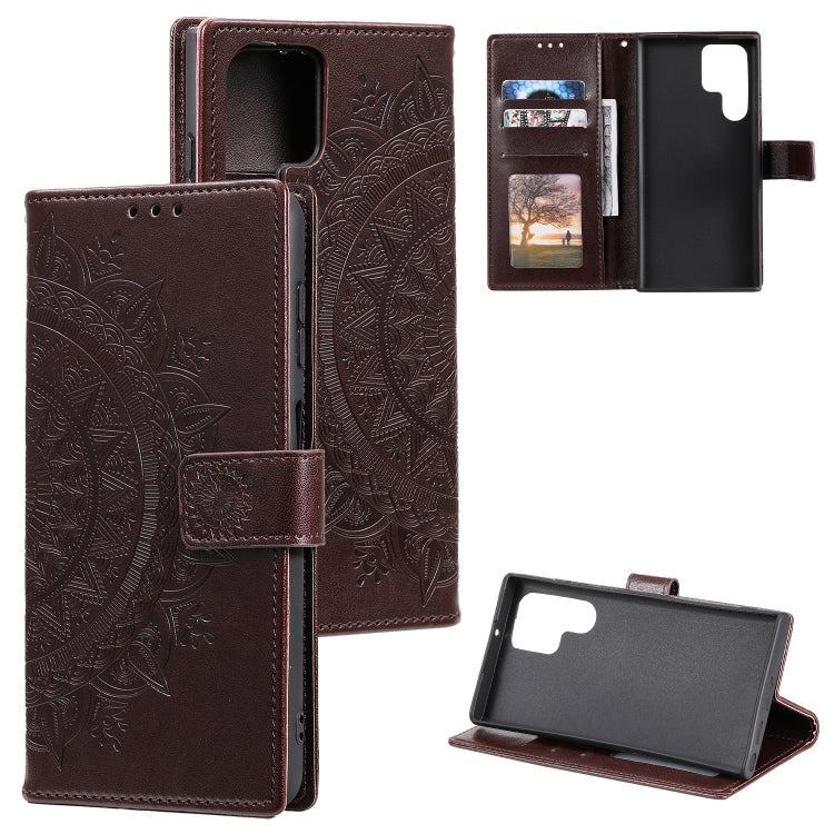 For Samsung Galaxy S25 Ultra 5G Totem Flower Embossed Leather Phone Case(Brown)