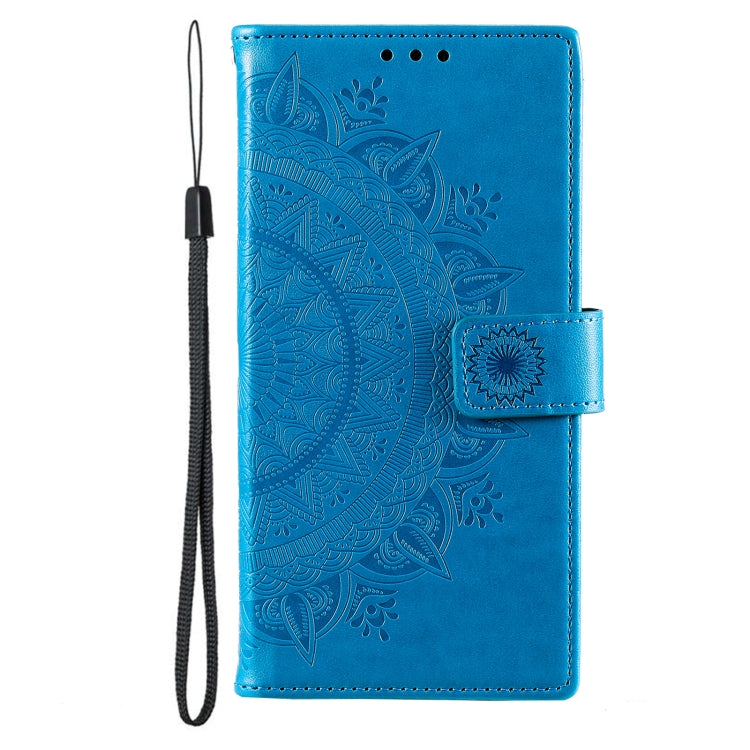 For Samsung Galaxy S25 Ultra 5G Totem Flower Embossed Leather Phone Case with Lanyard(Blue)