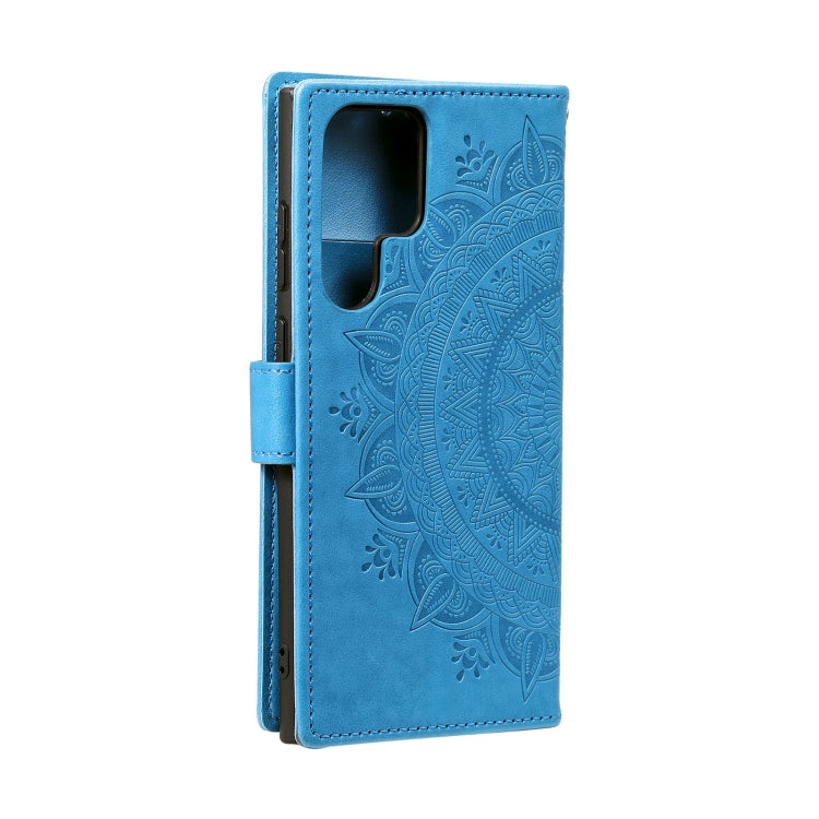 For Samsung Galaxy S25 Ultra 5G Totem Flower Embossed Leather Phone Case with Lanyard(Blue)
