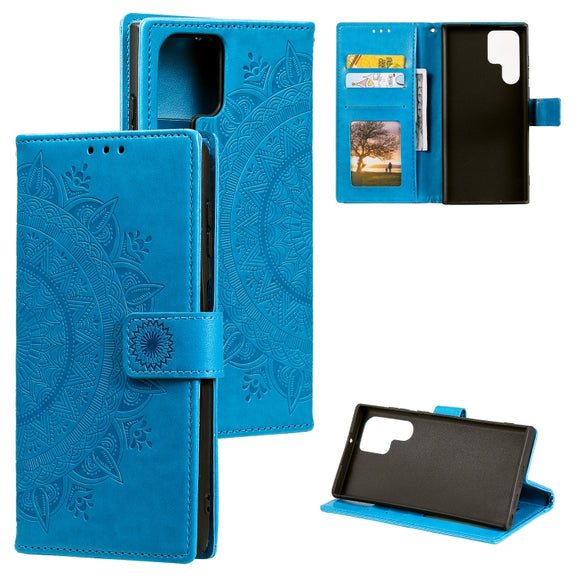 For Samsung Galaxy S25 Ultra 5G Totem Flower Embossed Leather Phone Case with Lanyard(Blue)