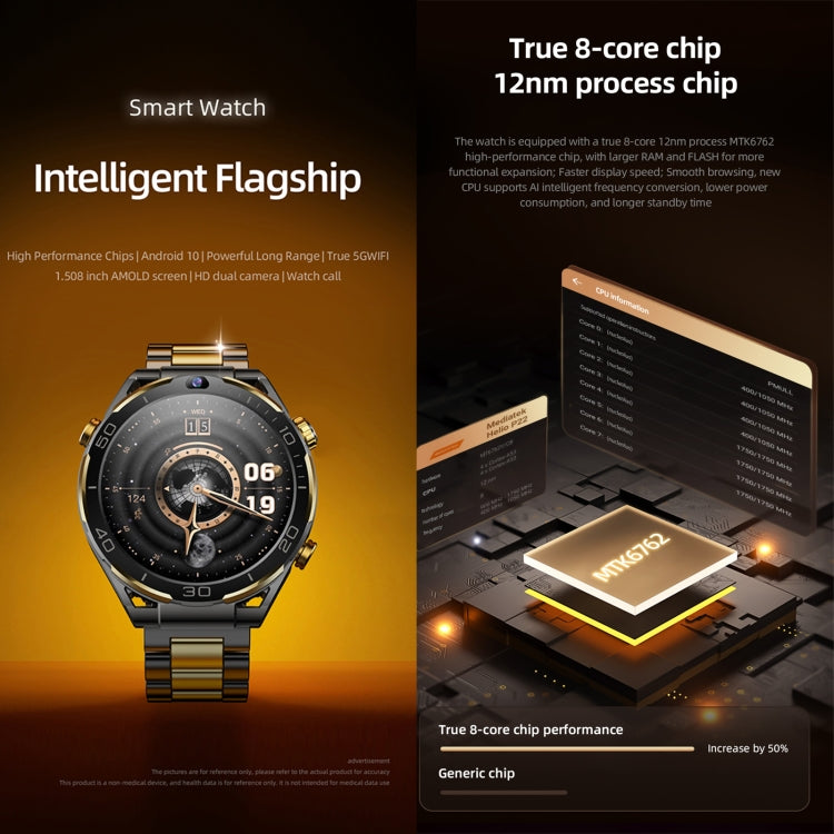 T7 1.508 inch 4G LTE Android 10 Smart Watch, 6GB+128GB, MTK6762 Octa Core, Support Heart Rate / Blood Oxygen(Gold)