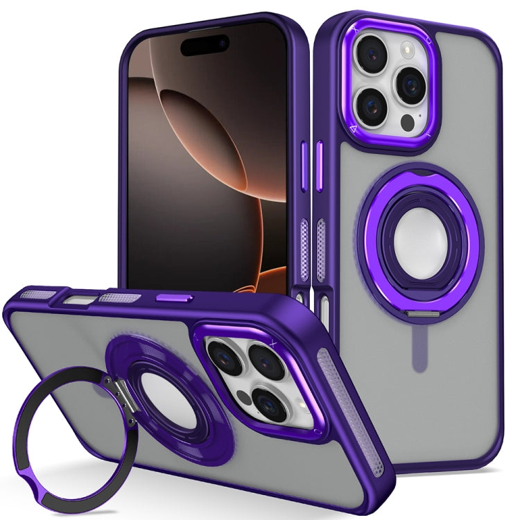 For iPhone 16 Pro Max Skin Feel Matte 360 Degree Rotating Silicone Ring Holder Phone Case(Purple)