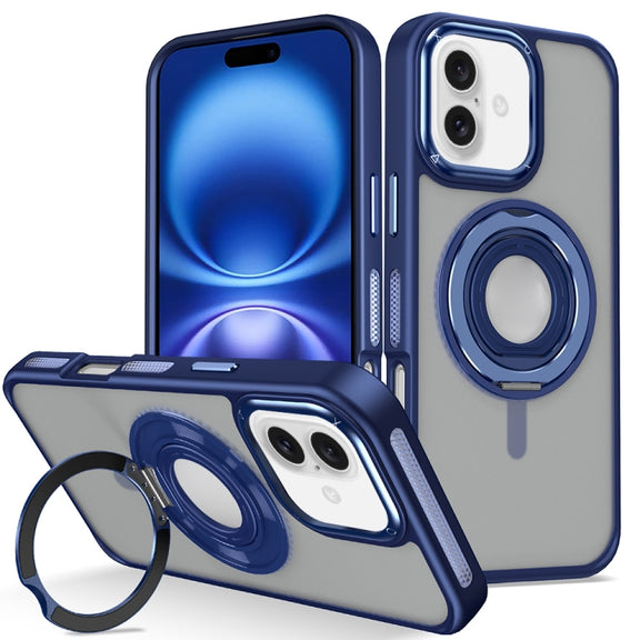 For iPhone 16 Plus Skin Feel Matte 360 Degree Rotating Silicone Ring Holder Phone Case(Royal Blue)