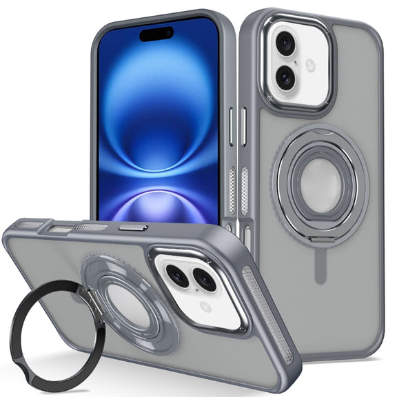 For iPhone 16 Plus Skin Feel Matte 360 Degree Rotating Silicone Ring Holder Phone Case(Grey)