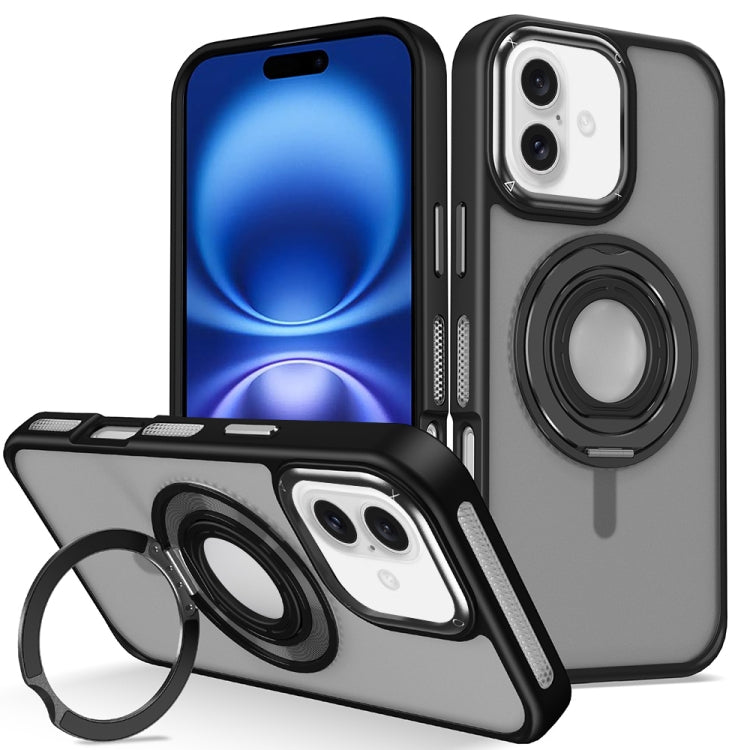 For iPhone 16 Plus Skin Feel Matte 360 Degree Rotating Silicone Ring Holder Phone Case(Black)
