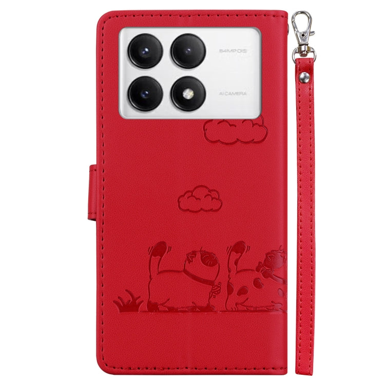 For Redmi K70 / K70 Pro Cute Cats RFID Leather Phone Case(Red)