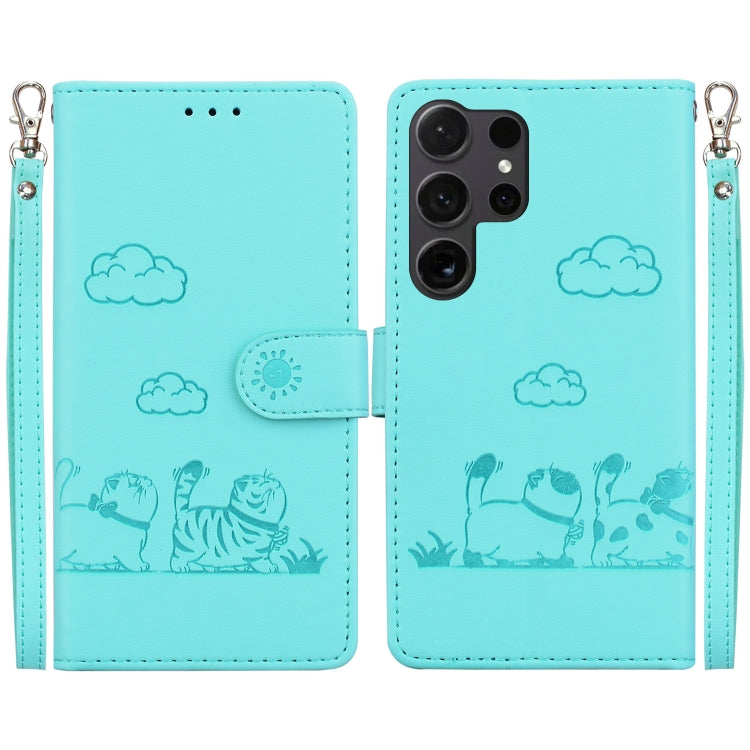 For Samsung Galaxy S25 Ultra 5G Cute Cats RFID Leather Phone Case(Green)
