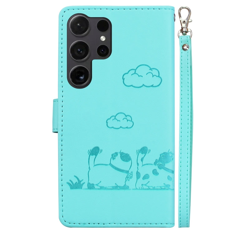 For Samsung Galaxy S25 Ultra 5G Cute Cats RFID Leather Phone Case(Green)