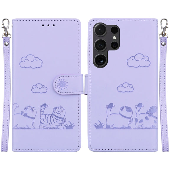 For Samsung Galaxy S25 Ultra 5G Cute Cats RFID Leather Phone Case(Purple)