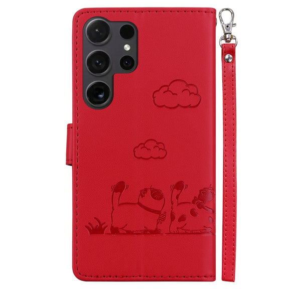 For Samsung Galaxy S25 Ultra 5G Cute Cats RFID Leather Phone Case(Red)