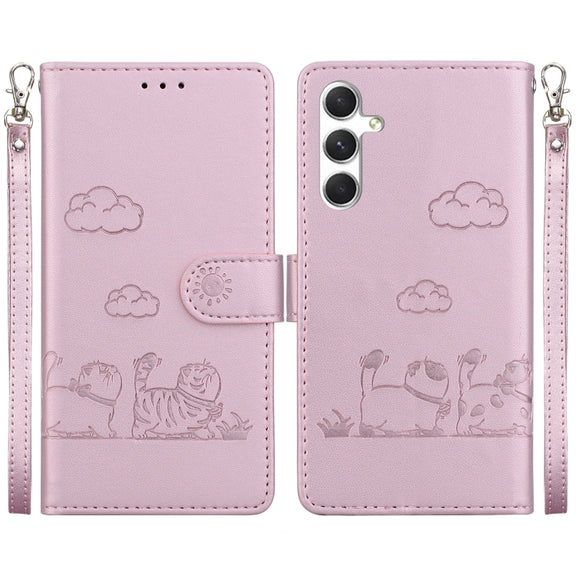 For Samsung Galaxy S25 5G Cute Cats RFID Leather Phone Case(Rose Gold)