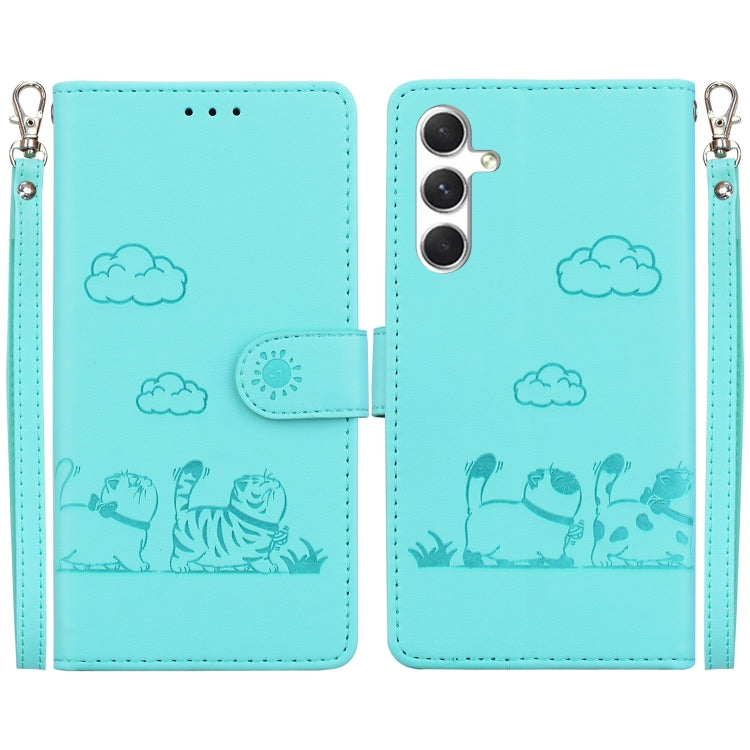 For Samsung Galaxy S25 5G Cute Cats RFID Leather Phone Case(Green)