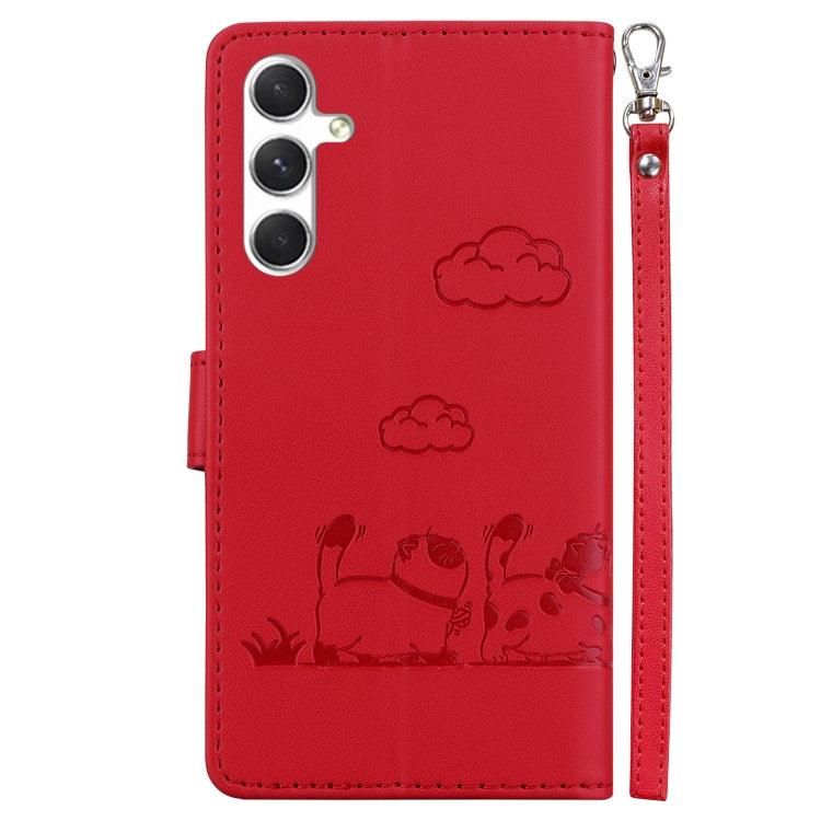 For Samsung Galaxy S25 5G Cute Cats RFID Leather Phone Case(Red)