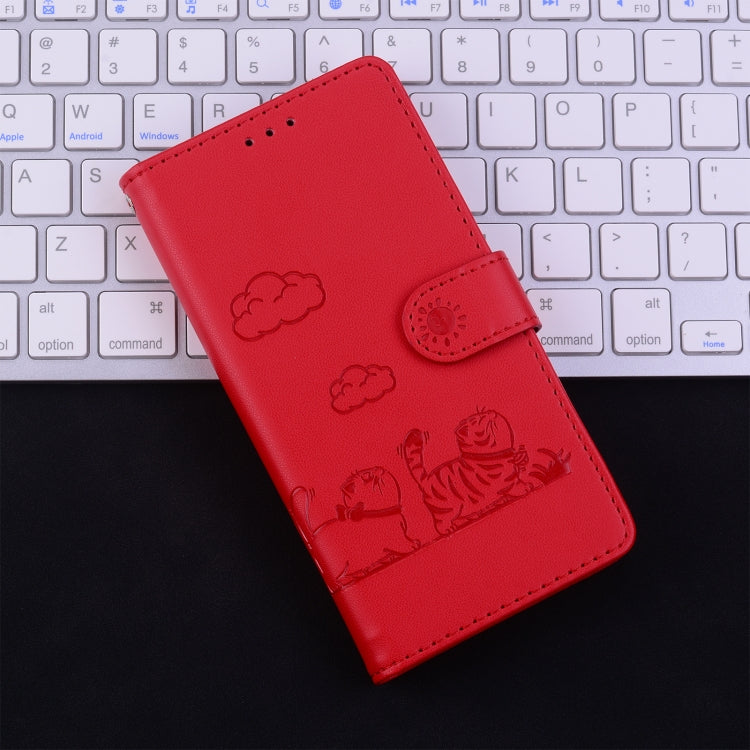 For Samsung Galaxy S25 5G Cute Cats RFID Leather Phone Case(Red)