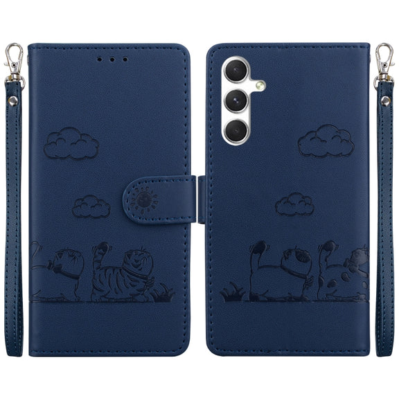 For Samsung Galaxy S25 5G Cute Cats RFID Leather Phone Case(Blue)