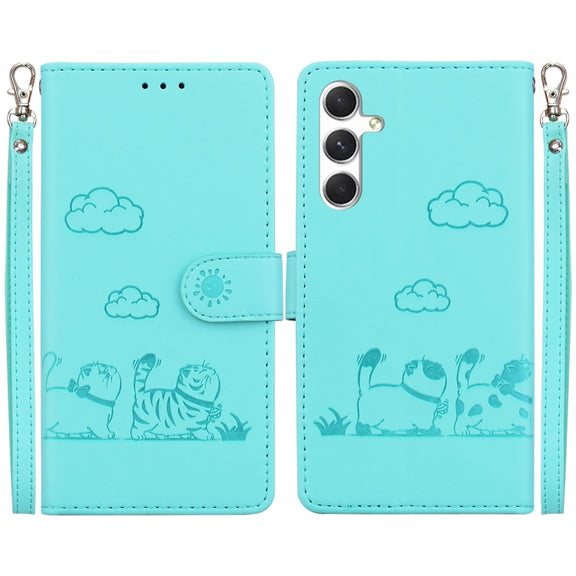 For Samsung Galaxy S25+ 5G Cute Cats RFID Leather Phone Case(Green)
