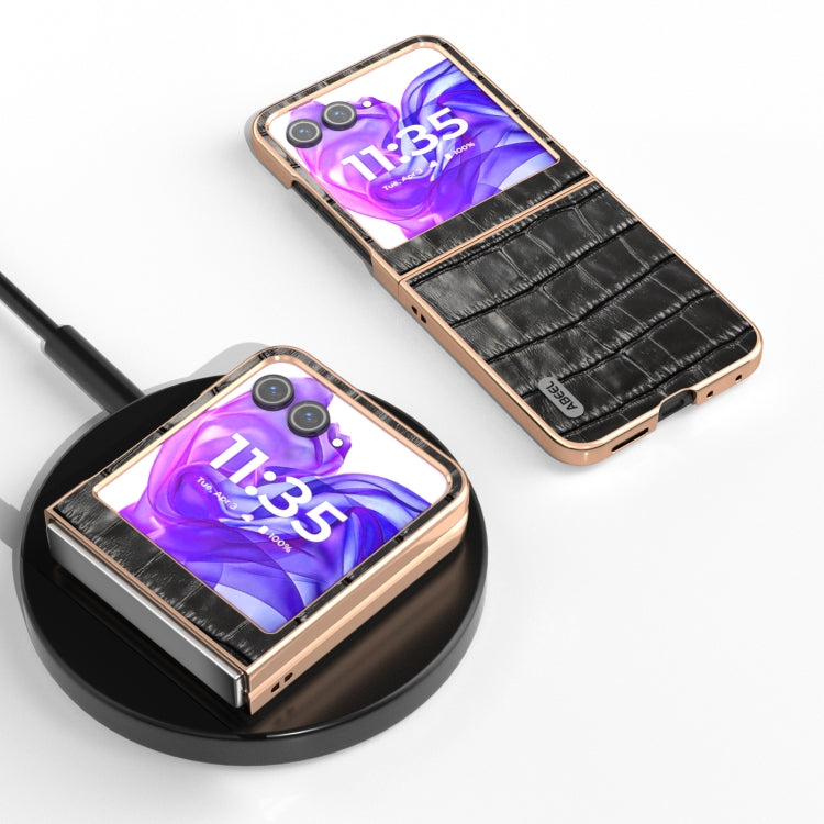 For Motorola Razr 50 ABEEL Electroplating Frame Crocodile Texture Genuine Leather Phone Case(Black)