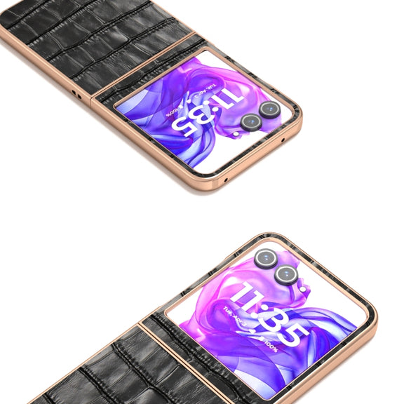 For Motorola Razr 50 ABEEL Electroplating Frame Crocodile Texture Genuine Leather Phone Case(Black)