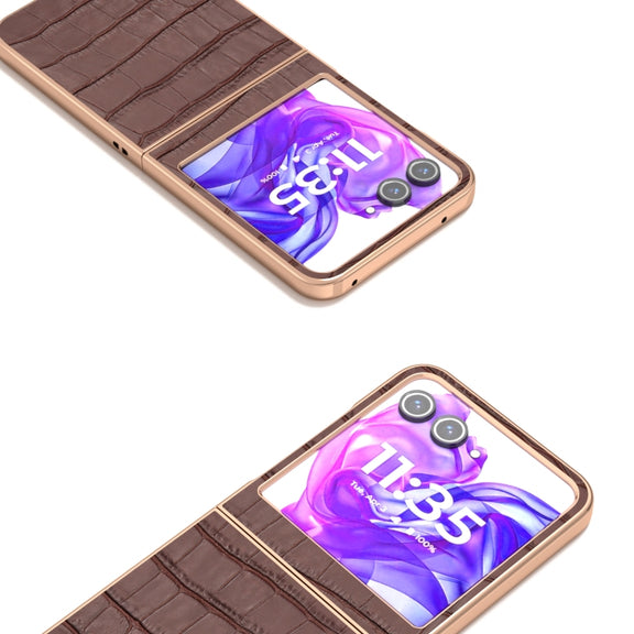 For Motorola Razr 50 ABEEL Electroplating Frame Crocodile Texture Genuine Leather Phone Case(Brown)