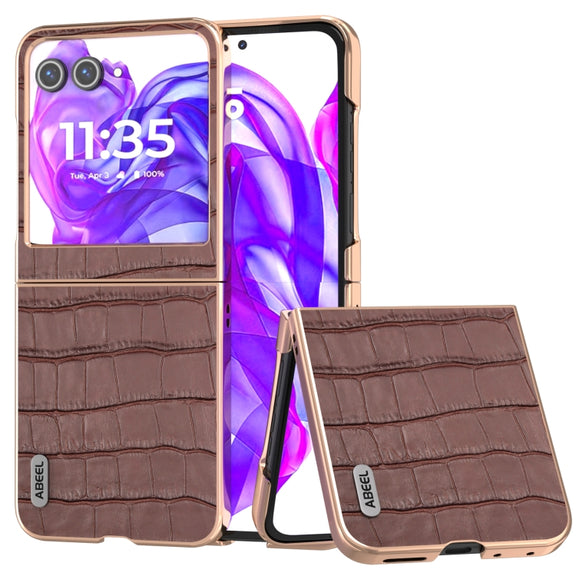 For Motorola Razr 50 ABEEL Electroplating Frame Crocodile Texture Genuine Leather Phone Case(Brown)