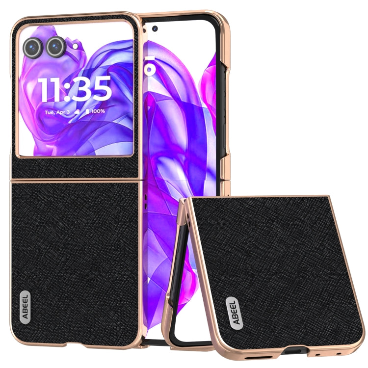 For Motorola Razr 50 ABEEL Electroplating Frame Cross Texture Genuine Leather Phone Case(Black)
