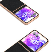 For Motorola Razr 50 ABEEL Electroplating Frame Cross Texture Genuine Leather Phone Case(Black)