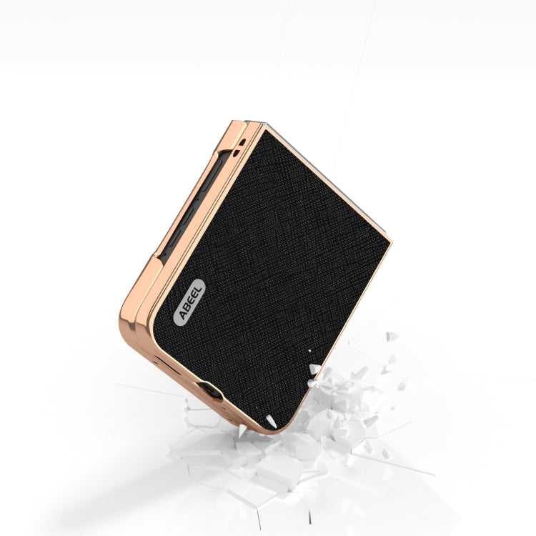 For Motorola Razr 50 ABEEL Electroplating Frame Cross Texture Genuine Leather Phone Case(Black)