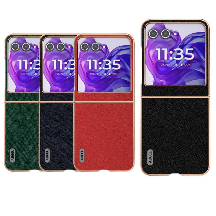 For Motorola Razr 50 ABEEL Electroplating Frame Cross Texture Genuine Leather Phone Case(Black)