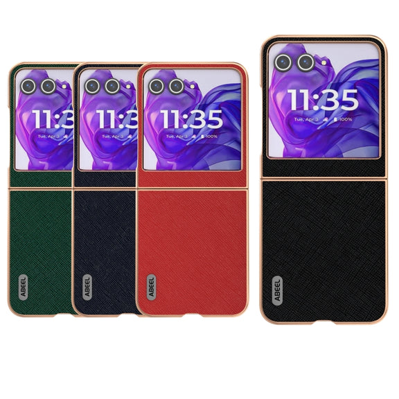 For Motorola Razr 50 ABEEL Electroplating Frame Cross Texture Genuine Leather Phone Case(Black)