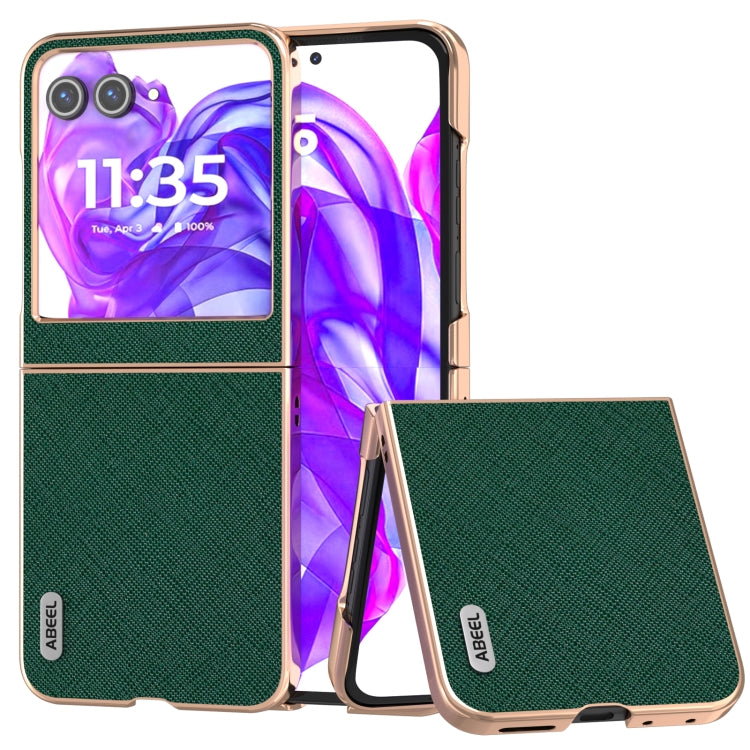 For Motorola Razr 50 ABEEL Electroplating Frame Cross Texture Genuine Leather Phone Case(Green)