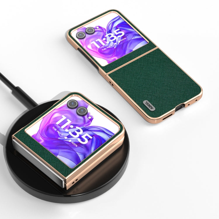 For Motorola Razr 50 ABEEL Electroplating Frame Cross Texture Genuine Leather Phone Case(Green)