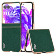 For Motorola Razr 50 ABEEL Electroplating Frame Cross Texture Genuine Leather Phone Case(Green)