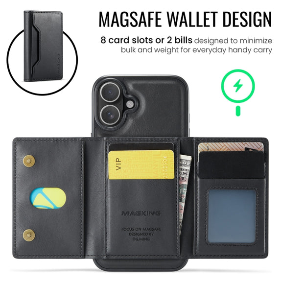 For iPhone 16 Plus DG.MING MAGKING-K2 Series MagSafe RFID Card Bag Detachable Phone Case(Black)