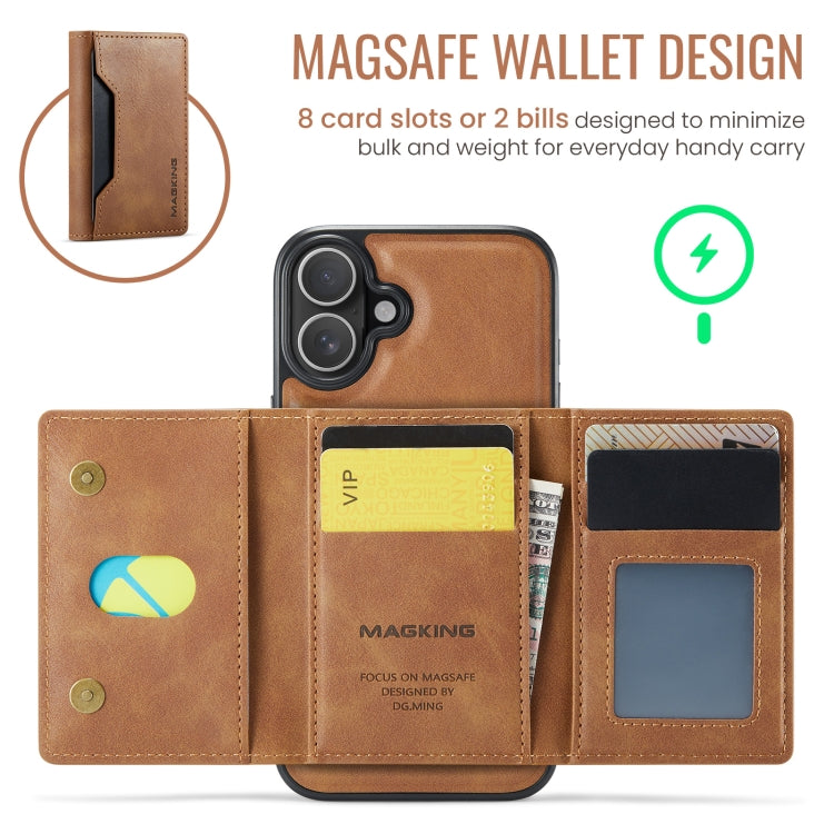For iPhone 16 Plus DG.MING MAGKING-K2 Series MagSafe RFID Card Bag Detachable Phone Case(Brown)