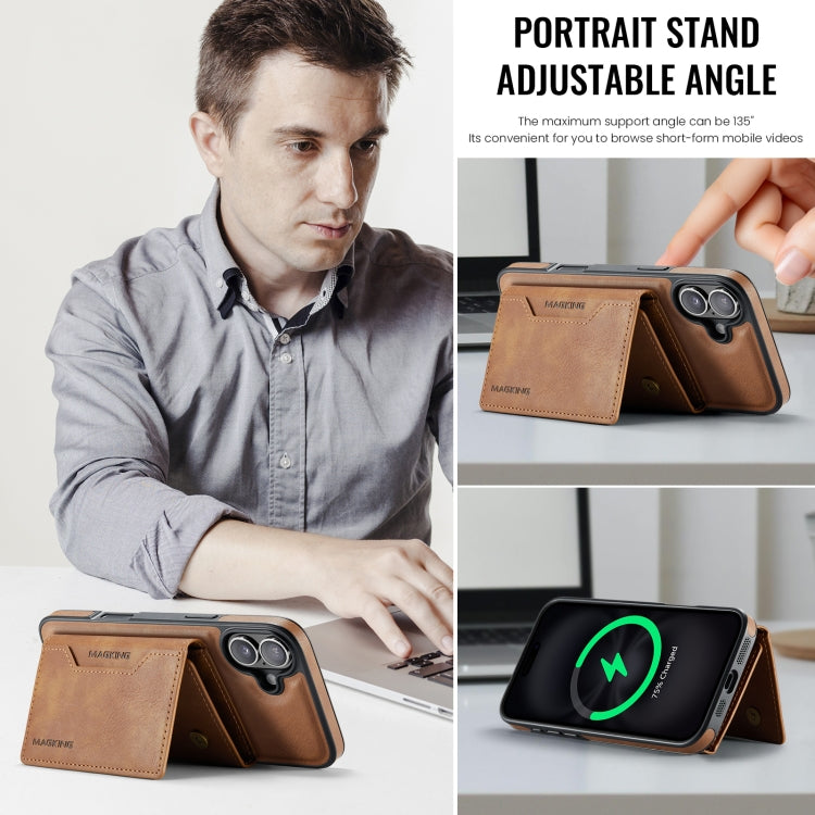 For iPhone 16 Plus DG.MING MAGKING-K2 Series MagSafe RFID Card Bag Detachable Phone Case(Brown)