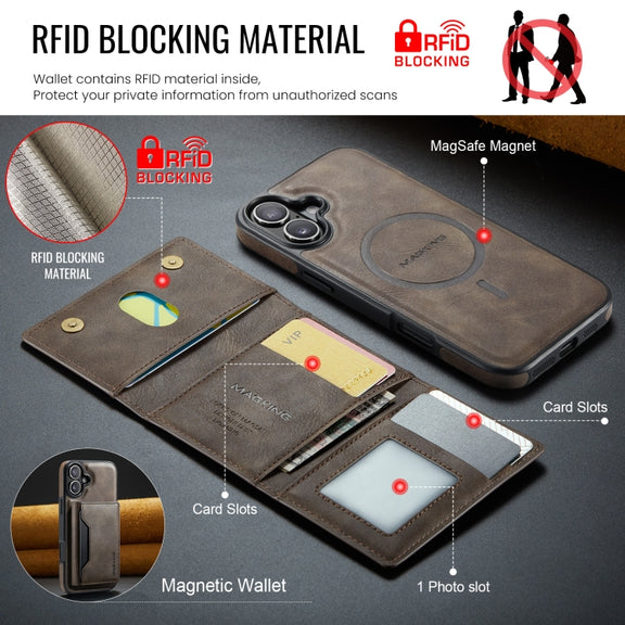 For iPhone 16 Plus DG.MING MAGKING-K2 Series MagSafe RFID Card Bag Detachable Phone Case(Coffee)
