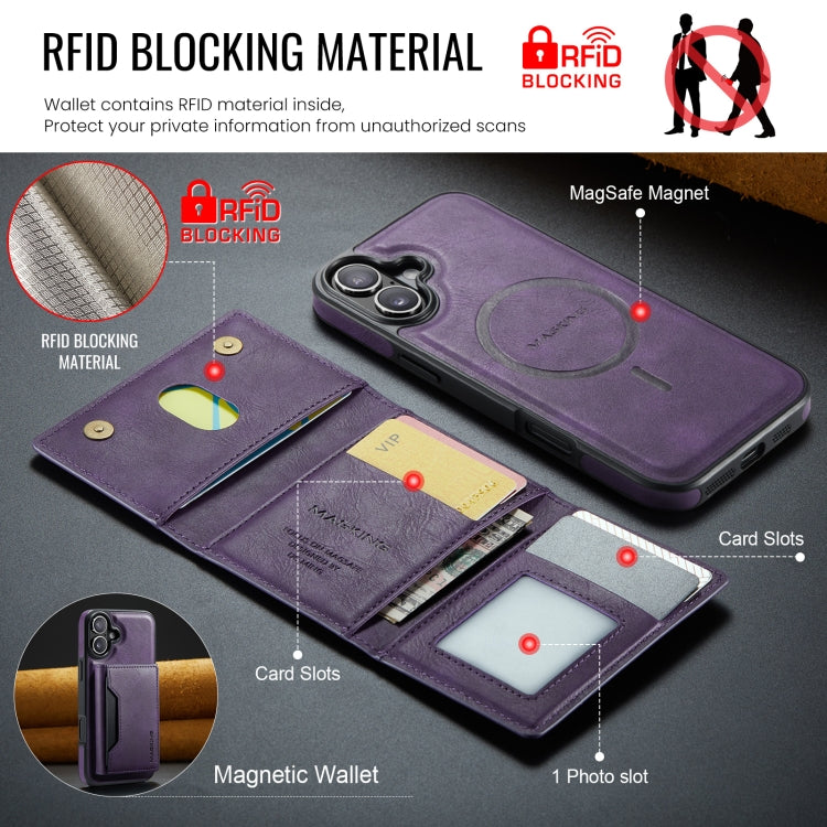 For iPhone 16 Plus MAGKING K2 Series MagSafe RFID Card Bag Detachable Phone Case(Purple)