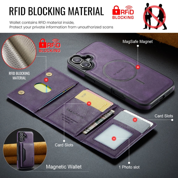 For iPhone 16 Plus MAGKING K2 Series MagSafe RFID Card Bag Detachable Phone Case(Purple)