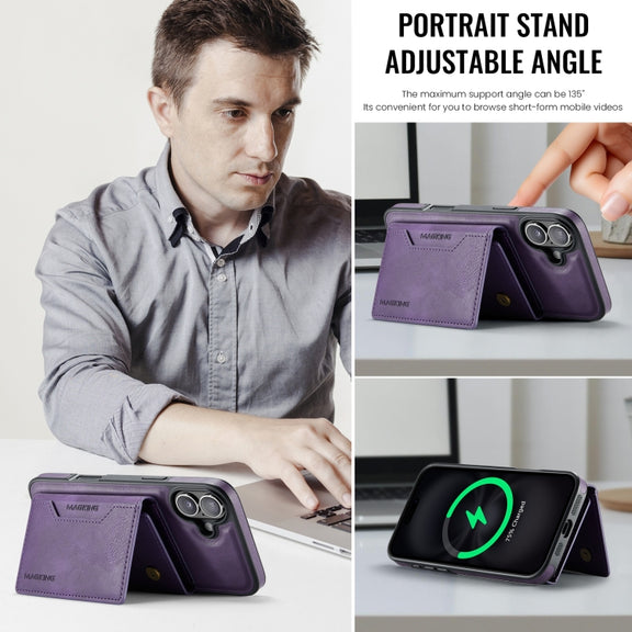 For iPhone 16 Plus MAGKING K2 Series MagSafe RFID Card Bag Detachable Phone Case(Purple)