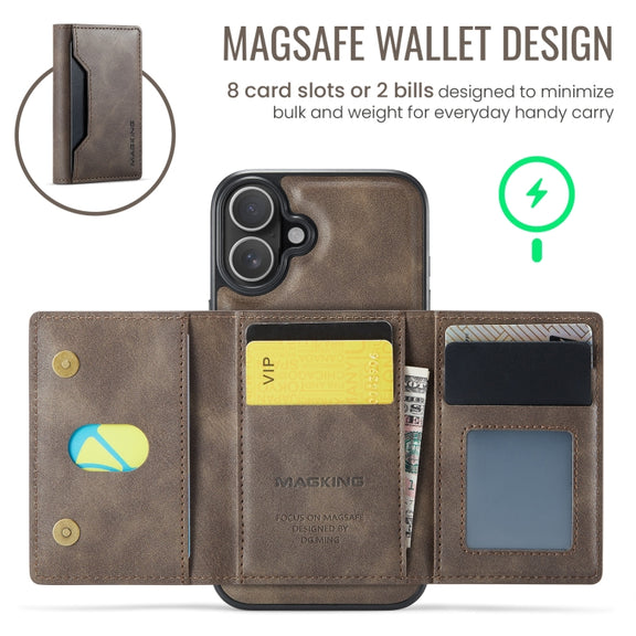 For iPhone 16 DG.MING MAGKING-K2 Series MagSafe RFID Card Bag Detachable Phone Case(Coffee)