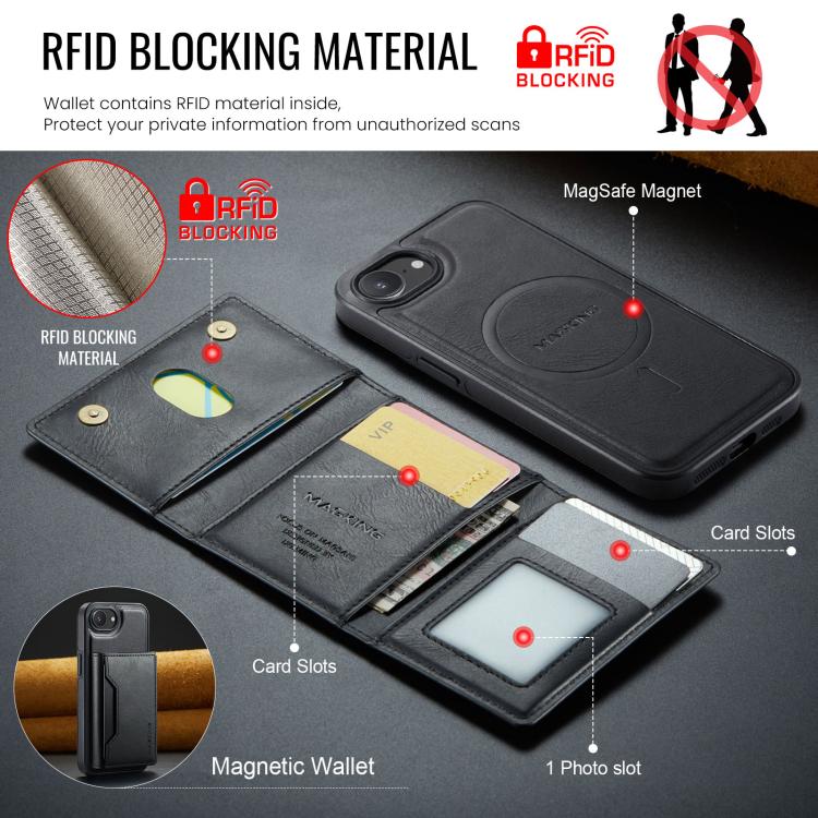 For iPhone 16e DG.MING MAGKING-K2 Series MagSafe RFID Card Bag Detachable Phone Case(Black)