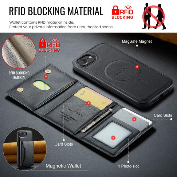For iPhone 16e DG.MING MAGKING-K2 Series MagSafe RFID Card Bag Detachable Phone Case(Black)