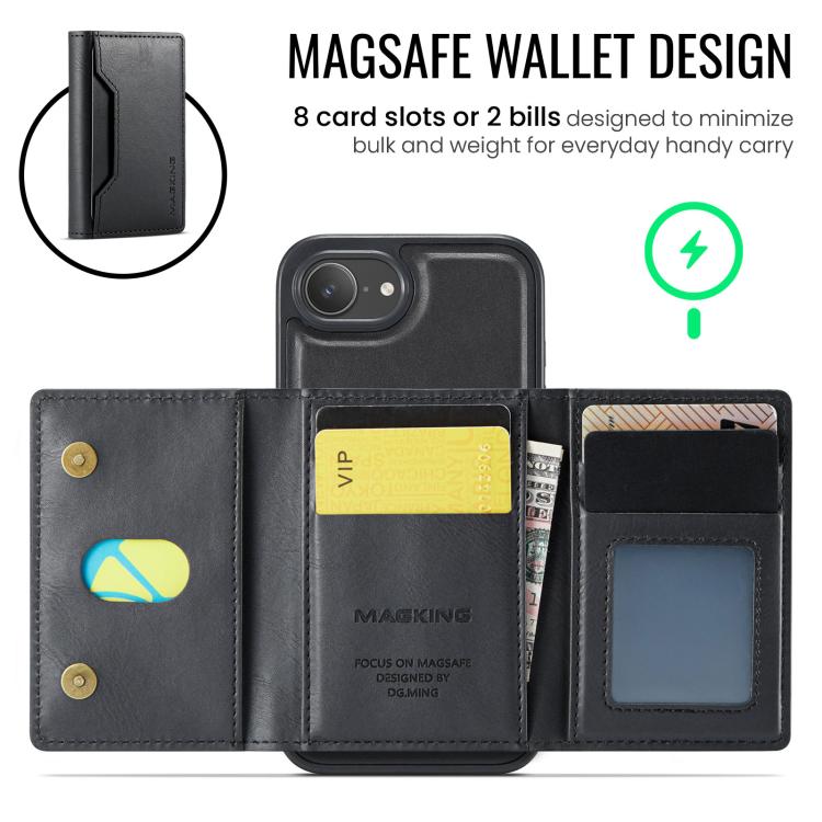 For iPhone 16e DG.MING MAGKING-K2 Series MagSafe RFID Card Bag Detachable Phone Case(Black)