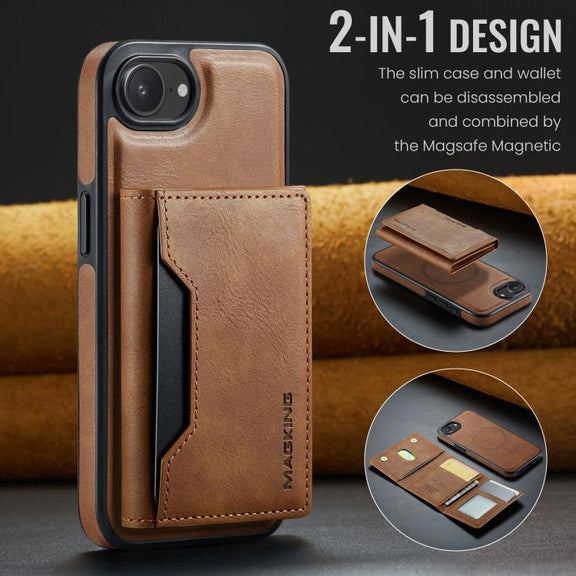 For iPhone 16e DG.MING MAGKING-K2 Series MagSafe RFID Card Bag Detachable Phone Case(Brown)