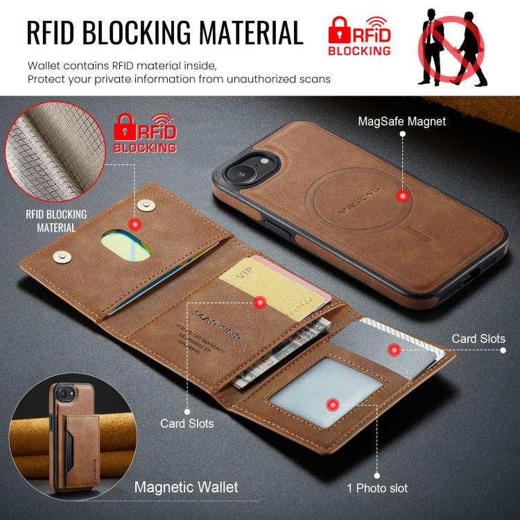 For iPhone 16e DG.MING MAGKING-K2 Series MagSafe RFID Card Bag Detachable Phone Case(Brown)
