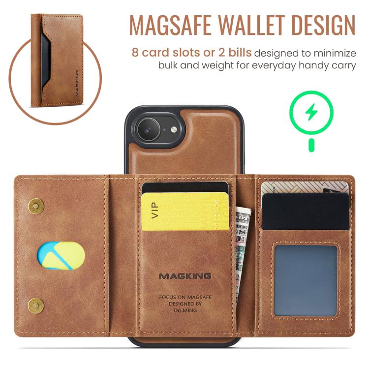 For iPhone 16e DG.MING MAGKING-K2 Series MagSafe RFID Card Bag Detachable Phone Case(Brown)